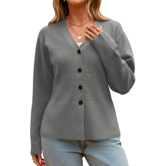 Womens Tunic Sweater Cardigans Button Up Long Sleeve Knitted Jacket Solid Color Casual Fashion Fall Outwear (M, Gray)