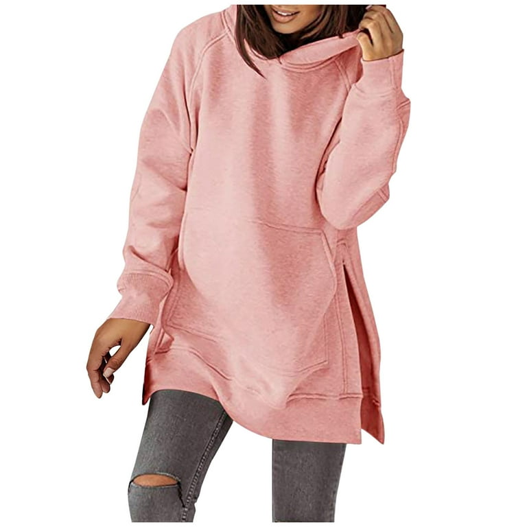 Womens Tunic Sweatshirt Loose Casual Long Sleeves Solid Color Pocket  Mid-Length Hoodies Blouse Tops Pullover