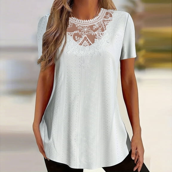 Womens Tunic T-Shirt Lace Patchwork Short Sleeve Crewneck Eyelet Tops Dress Casual Flowy Blouse Shirt for Beach Vacation White S