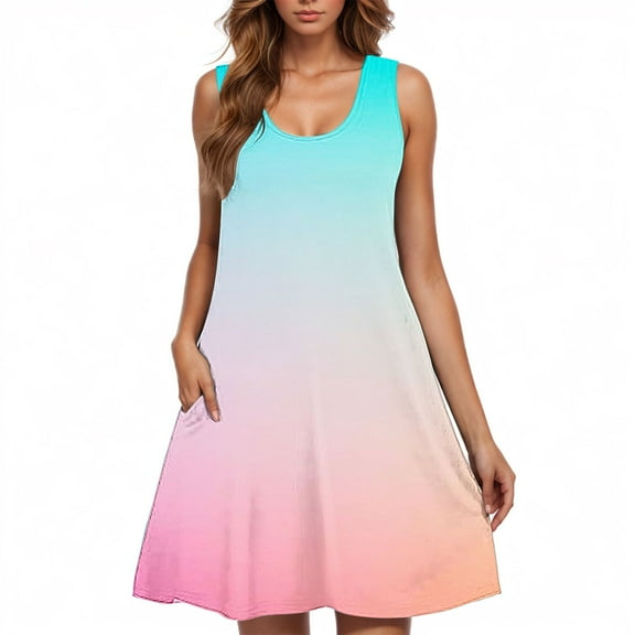Womens Tunic Tank Dress, Ladies Casual Beach 2025 Sleeveless Sundresses, Gradient Printed Spring Summer Tank Dress Vacation Outfit Women's Formal Dresses Multicolor L
