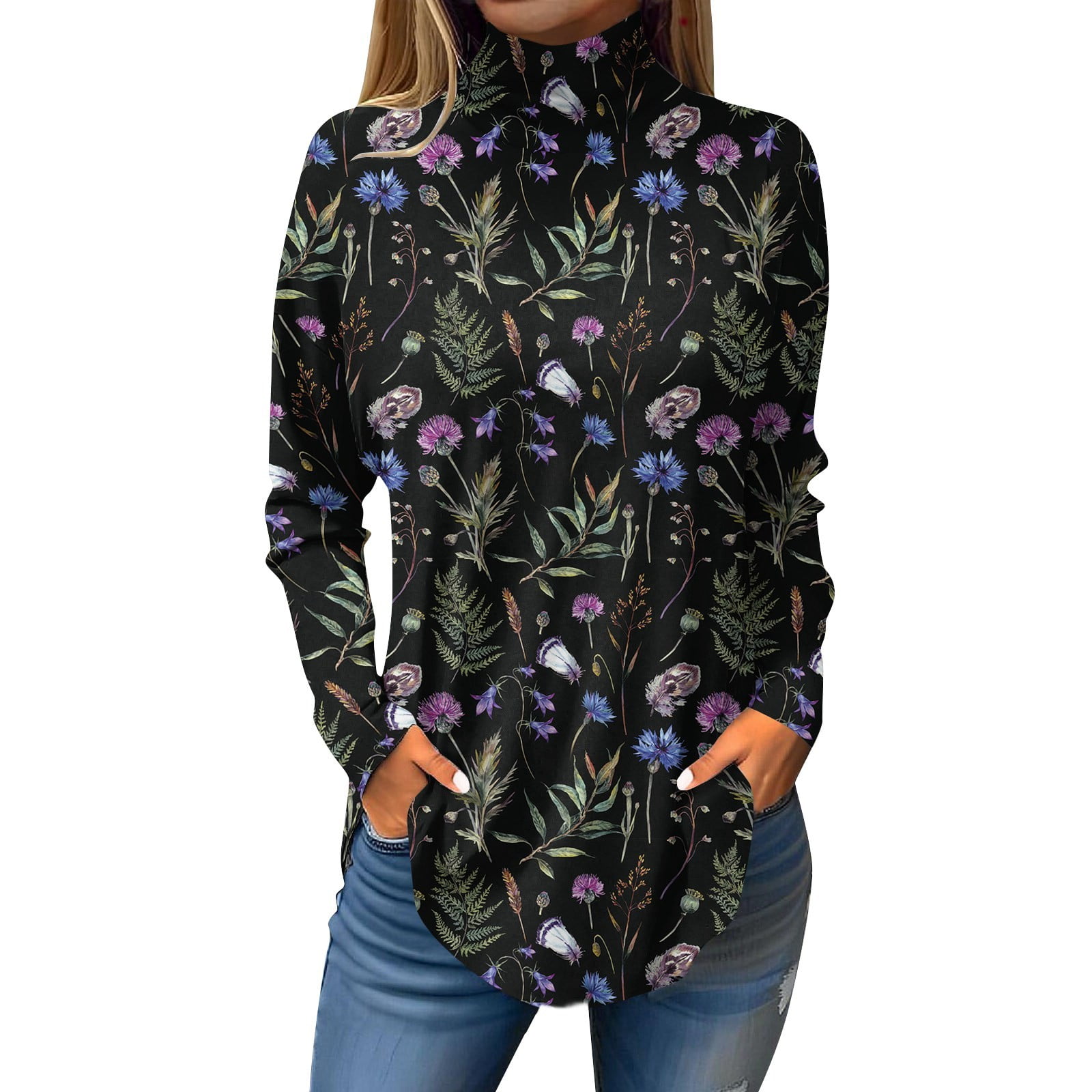 Womens Tunic To Wear with Leggings Floral Print TShirts Long Sleeve