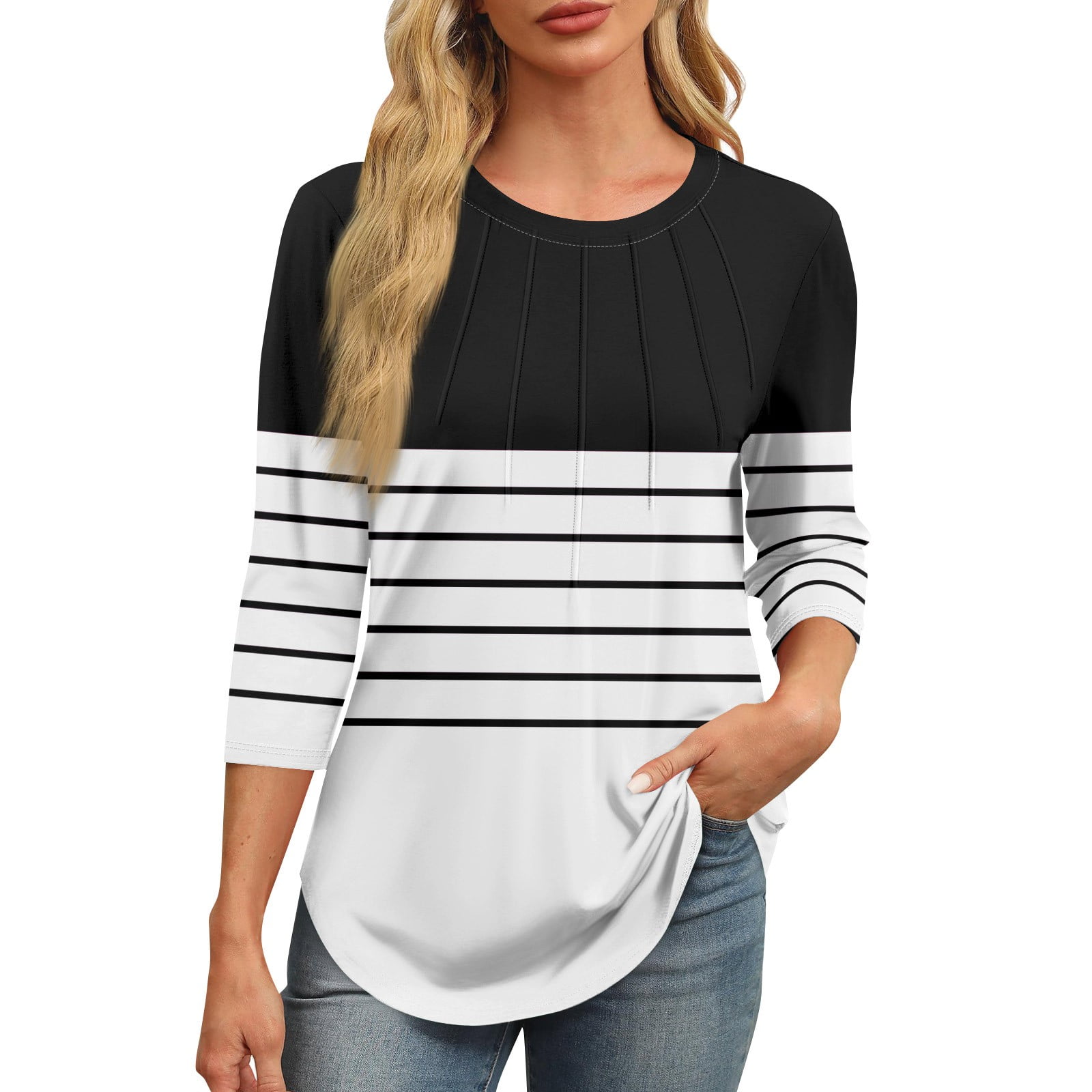 Womens Tunic To Wear with Leggings Pleated Blouse 3/4 Length Sleeve