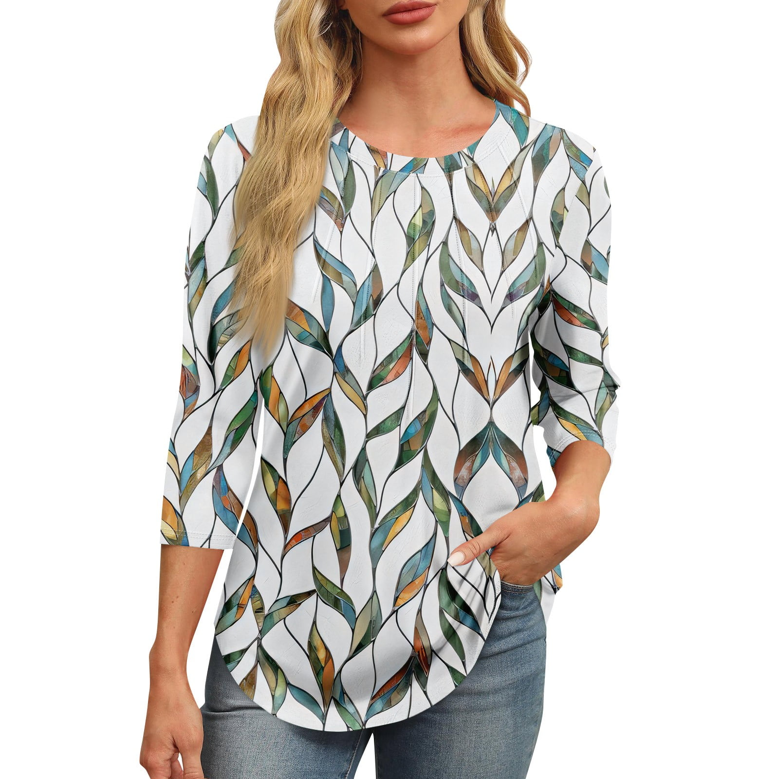 Womens Tunic To Wear with Leggings Pleated TShirts 3/4 Length Sleeve