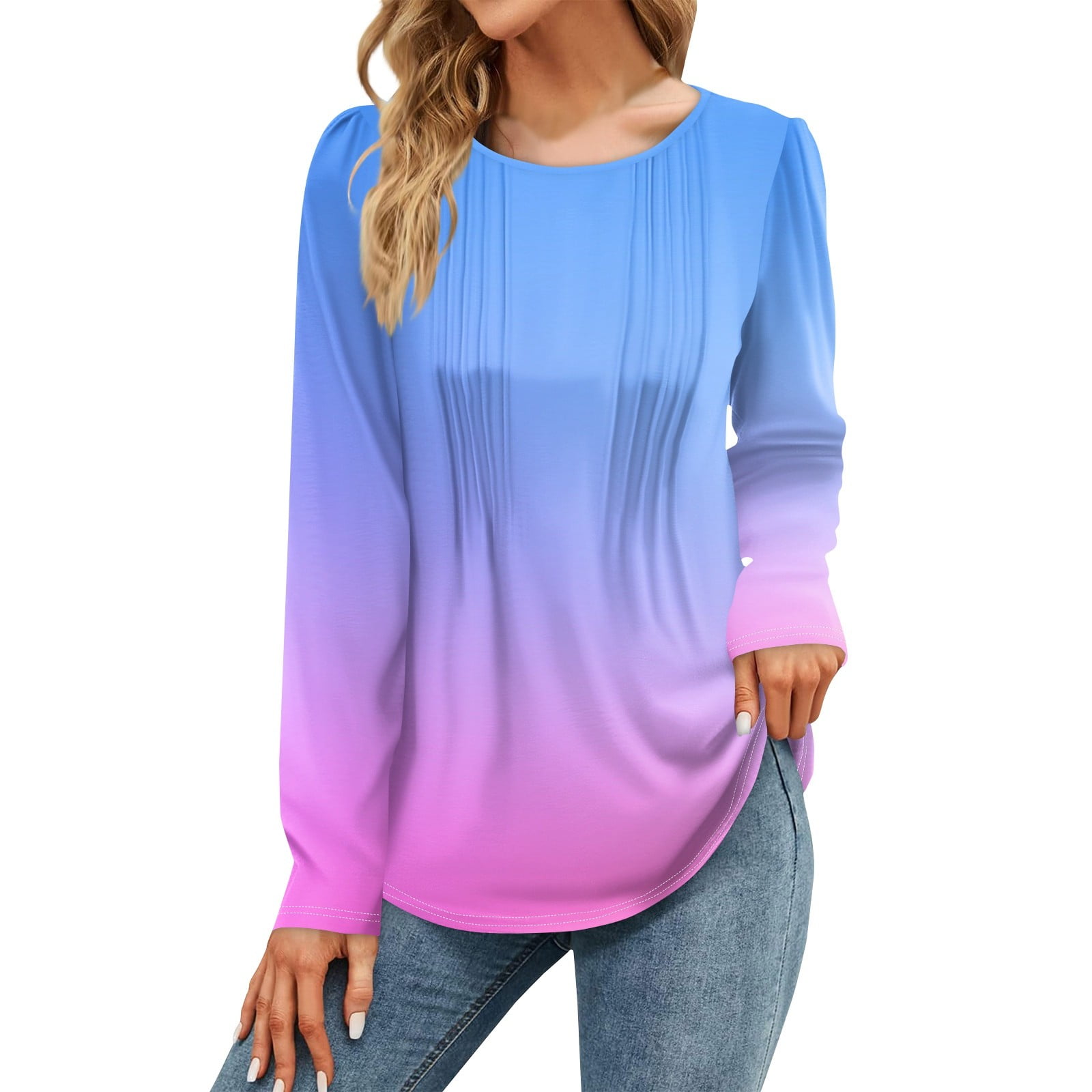 Womens Tunic To Wear with Leggings Puff Sleeve Pleated Crew Neck T