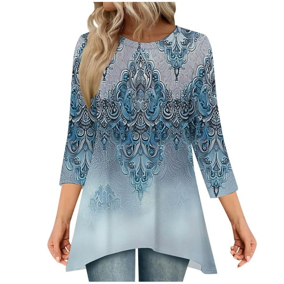 Womens Tunic Top 3/4 Long Sleeve Tunics for Women Plus Size Round Neck Longline Tops for Leggings Ladies Swing T Shirt Casual Loose Stretch Comfortable Blouses Shirts Navy S