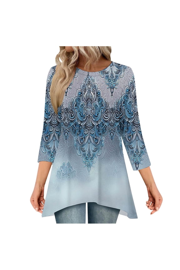 Womens Tunic Top 3/4 Long Sleeve Tunics for Women Plus Size Round Neck Longline Tops for Leggings Ladies Swing T Shirt Casual Loose Stretch Comfortable Blouses Shirts Navy XXL