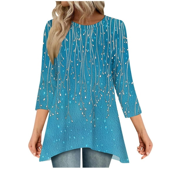 Womens Tunic Top 3/4 Long Sleeve Tunics for Women Plus Size Round Neck Longline Tops for Leggings Ladies Swing T Shirt Casual Loose Stretch Comfortable Blouses Shirts Blue S