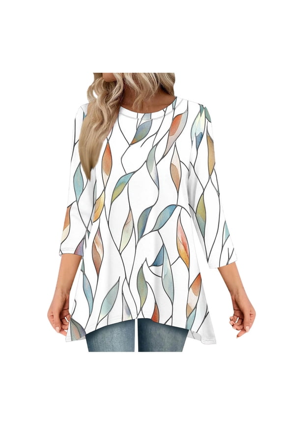 Womens Tunic Top 3/4 Long Sleeve Tunics for Women Plus Size Round Neck Longline Tops for Leggings Ladies Swing T Shirt Casual Loose Stretch Comfortable Blouses Shirts White S
