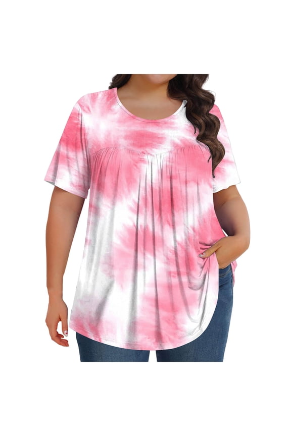 Womens Tunic Top Short Sleeve Tunics for Women Plus Size Round Neck Longline Tops for Leggings Ladies Swing T Shirt Casual Loose Stretch Comfortable Blouses Shirts Pink XXXXL