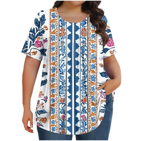 Womens Tunic Top Short Sleeve Tunics for Women Plus Size Round Neck Longline Tops for Leggings Ladies Swing T Shirt Casual Loose Stretch Comfortable Blouses Shirts Blue B L