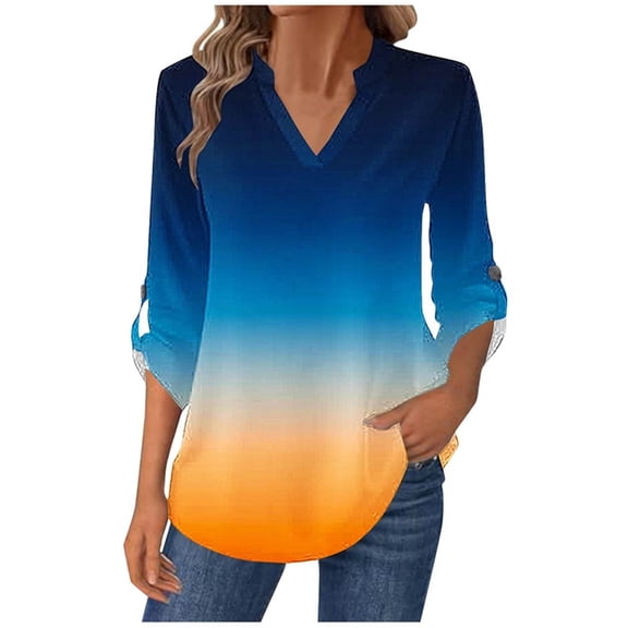 Womens Tunic Tops, 3/4 Sleeve Shirts for Women Fall Fashion Loose Fit Ombre Tie Dye Lapel V Neck Dressy Blouses with Button