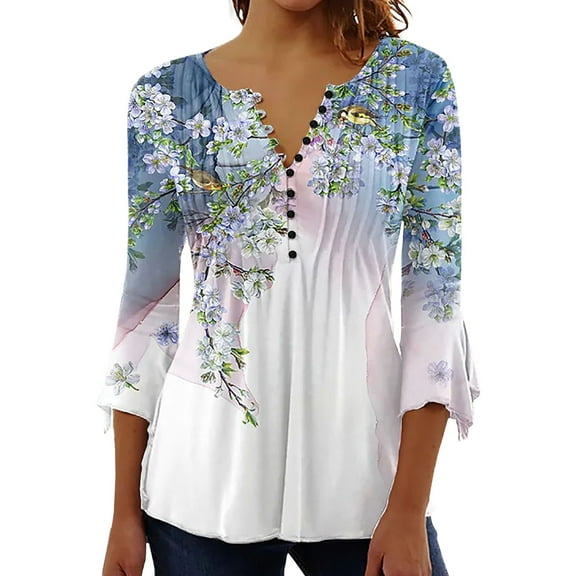 Womens Tunic Tops Boho Floral Printed 3/4 Sleeve V-Neck Dressy Casual Blouses Vintage Trendy Relaxed Fit Pullover T-Shirts