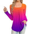 thumbnail image 1 of Womens Tunic Tops Casual Square Neck Long Sleeve Pleated Flowy T-Shirts Striped/Floral Printed Dressy Blouses,Orange,XL, 1 of 5