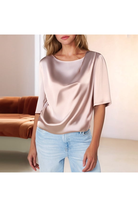 Womens Tunic Tops Casual Satin Short Sleeved T Shirt Silk Half Sleeved Shirt Inner Relaxed Fit Shirts M-3XL