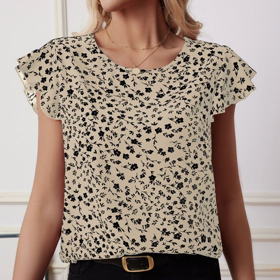 Womens Tunic Tops Casual Tops for Women Ndbuld Ladies' Casual Floral Print Short Sleeved Round Neck Top/shirt Blouses on Clearance Beige L