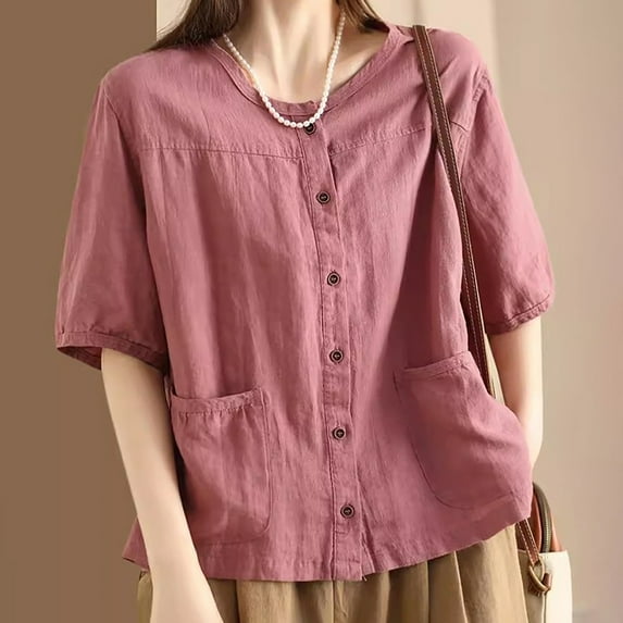 Womens Tunic Tops Casual Vintage Linen Cardigan Shirt for Short Sleeve Button Up Dressy Tshirts with Pocket M-3XL