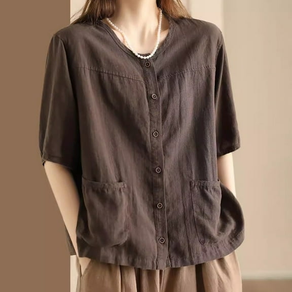 Womens Tunic Tops Casual Vintage Linen Cardigan Shirt for Short Sleeve Button Up Dressy Tshirts with Pocket M-3XL
