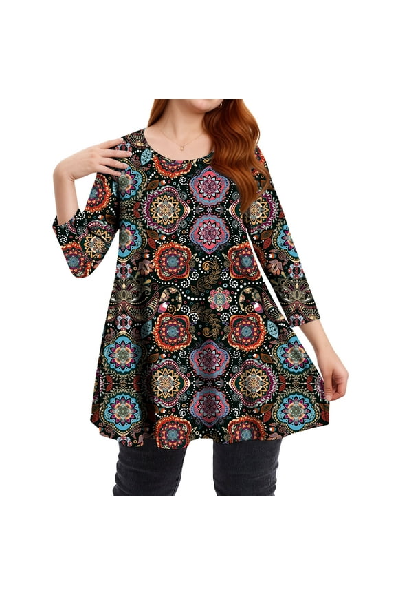 Womens Tunic Tops Casual 3/4 Sleeve Plus Size Tee Loose Fit Floral Swing Crewneck Shirts