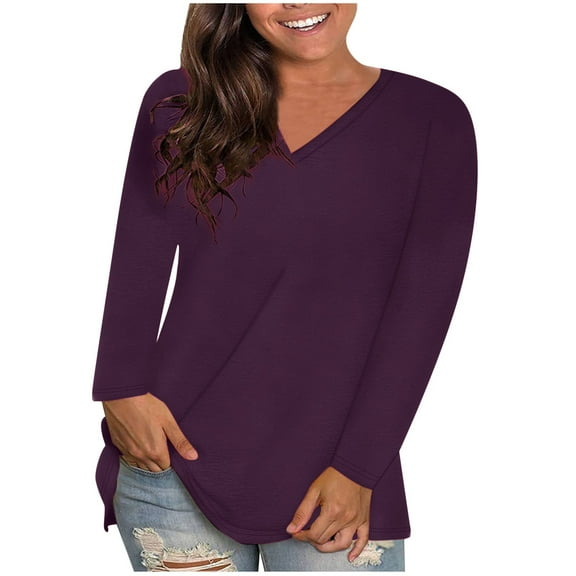 Womens Tunic Tops Dressy Casual Long Sleeve Round Neck Soft Loose Blouse Fashion Plus Size Fall Pullover Shirts (Purple S)