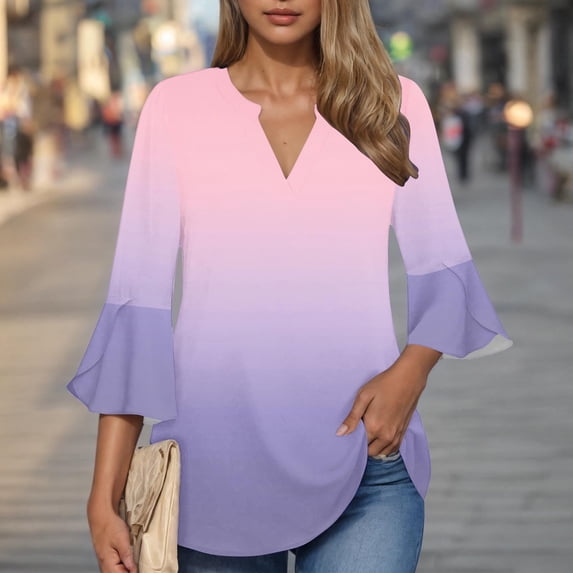 Womens Tunic Tops Dressy Casual V Neck Business Chiffon Blouses 3/4 Length Sleeve Pleated Trendy Work Shirts Pink S-Xxl