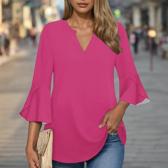 Womens Tunic Tops Dressy Casual V Neck Business Chiffon Blouses 3/4 Length Sleeve Pleated Trendy Work Shirts Pink S-Xxl