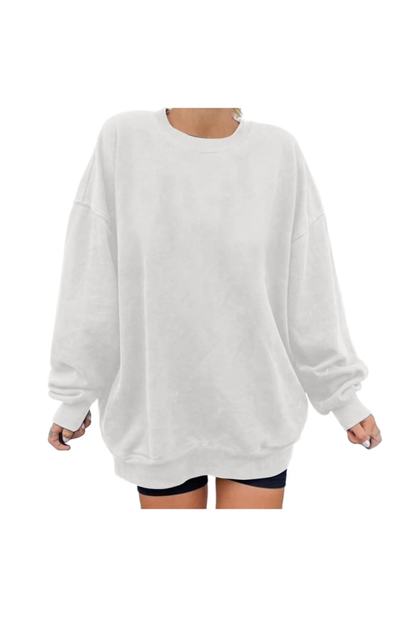 Womens Tunic Tops Fall Winter Relaxed Fit Crewneck Long Sleeve Dolman Off the Shoulder with Pocket Solid Color Pullover Cotton Top Tops(White,S)