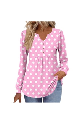 Womens Tunic Tops Fashion Polka Dots Shirts Ruched Button Up Casual Long Sleeve Blouses Trendy V-Neck Balloon Sleeve Pullover 2025 Fall Clothes For Leggings