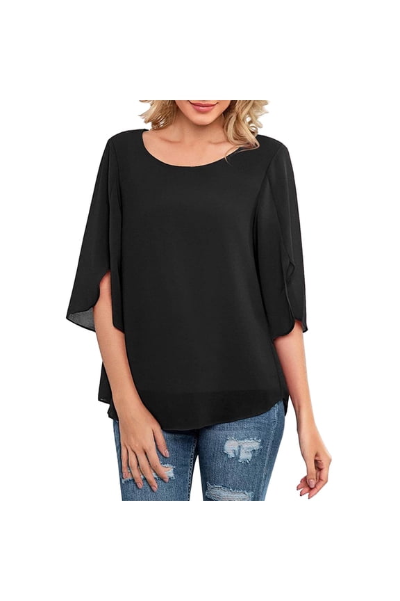 Womens Tunic Tops Half Split Sleeves Double Layer Chiffon Crew Neck Womens Button Down Shirt,Black,L