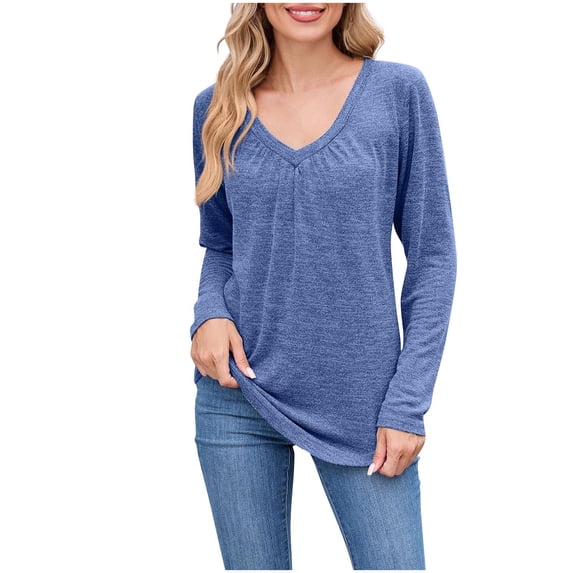 Womens Tunic Tops, Long Sleeve Shirts for Women Summer Casual Loose Fit Solid Color Basic V Neck T Shirt Tops S-2XL
