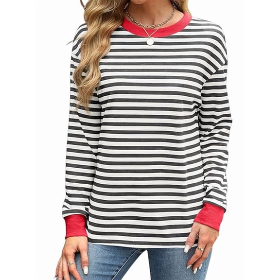 Womens Tunic Tops Long Sleeve Striped Shirts Crewneck Tops Black & Red XXL