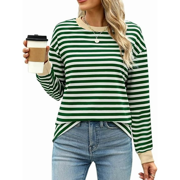 Womens Tunic Tops Long Sleeve Striped Shirts Crewneck Tops Dark Green M