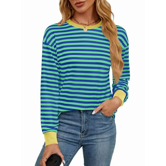 Womens Tunic Tops Long Sleeve Striped Shirts Crewneck Tops Green L