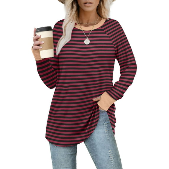 Womens Tunic Tops Long Sleeve Striped Shirts Crewneck Tops Lightweight Cotton Sweaters Long Sleeve Crew Neck Color Block Striped Blouse Red S