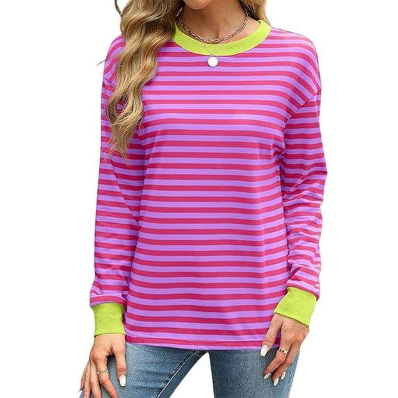 Womens Tunic Tops Long Sleeve Striped Shirts Crewneck Tops Pink XXL