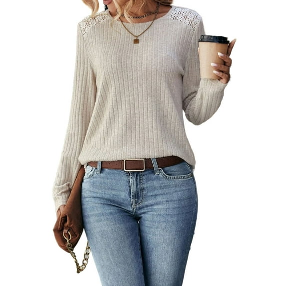 Womens Tunic Tops Ribbed Knit Long Sleeve Shirts Crewneck Lace Shoulder Elegant Blouses Tee Shermie