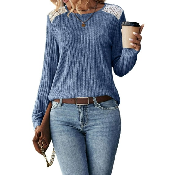 Womens Tunic Tops Ribbed Knit Long Sleeve Shirts Crewneck Lace Shoulder Elegant Blouses Tee Shermie