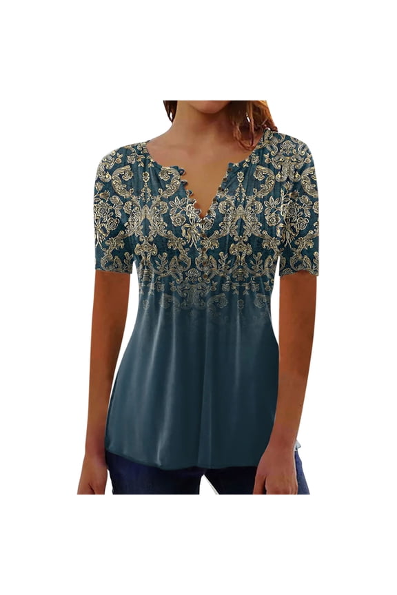 Womens Tunic Tops ,Long Length Ladies Tunic Tops for Leggings Button Down Shirt Floral Print Summer Tops Casual Short Sleeve Blouses Henley V Neck T Shirts Size 8-16