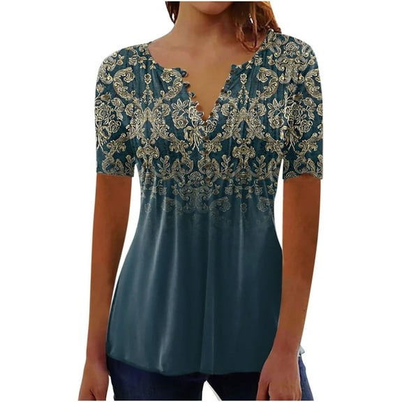 Womens Tunic Tops ,Long Length Ladies Tunic Tops for Leggings Button Down Shirt Floral Print Summer Tops Casual Short Sleeve Blouses Henley V Neck T Shirts Size 8-16