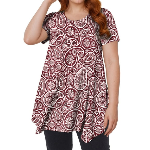 Womens Tunic Tops Short Sleeve Plus Size Shirts Swing Blouses Summer Red Paisley Floral Tops 2XL