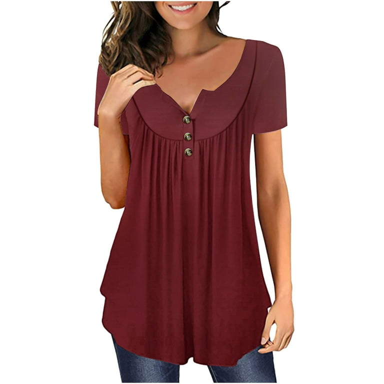 Womens Tunic Tops To Wear With Leggings Casual Solid Color Button Down  Shirts Loose Flowy Short Sleeve Henley Blouses 