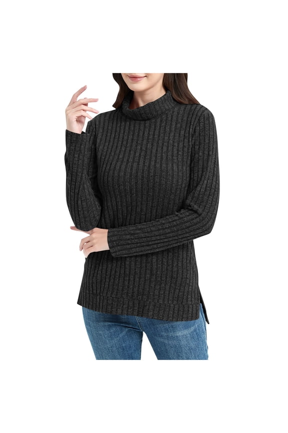 Womens Tunic Tops Turtleneck Long Sleeve Shirts Oversized Fall Sweaters Side Split High Low Hemline Clothes (S, Black)
