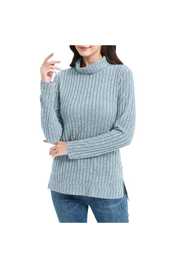 Womens Tunic Tops Turtleneck Long Sleeve Shirts Oversized Fall Sweaters Side Split High Low Hemline Clothes (S, Light Blue)