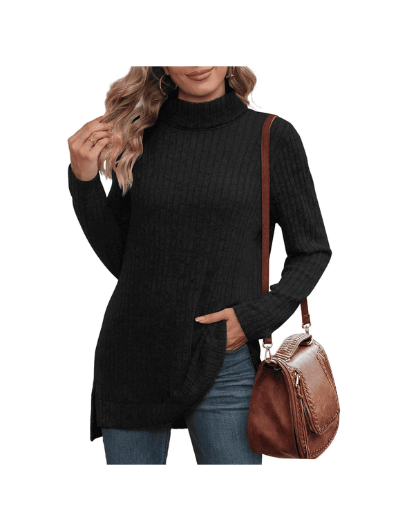 Womens Tunic Tops Turtleneck Long Sleeve Shirts Oversized Fall Sweaters Side Split High Low Hemline