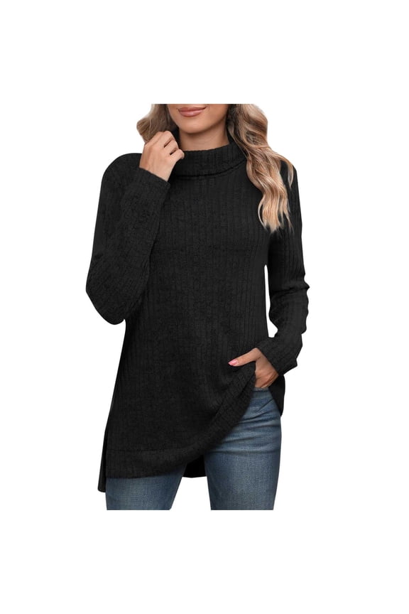 Womens Tunic Tops Turtleneck Long Sleeve Side Split Shirts Oversized Fall Sweaters High Low Hemline