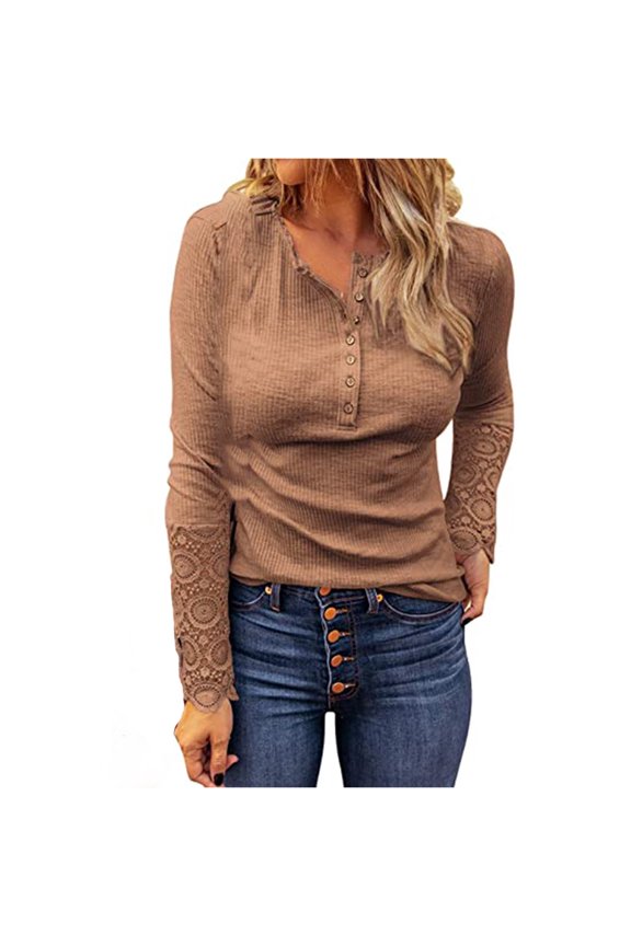 Womens Tunic Tops V Neck Button Sleeve Front Long Womens Rugby Shirt,Khaki,M