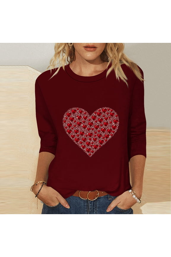 Womens Tunic Tops Valentine's Day 3/4 Sleeve Plus Size Loose Fit Tunics Dressy Casual Floral Swing Flare Top for Leggings Wine XXL