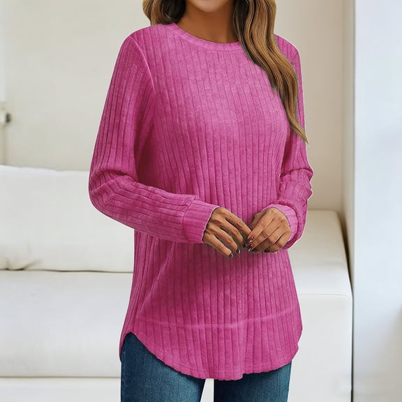 Womens Tunic Tops for Leggings V neck Long Sleeve Shirt Casual Long T-Shirts S-3XL Hot Pink S