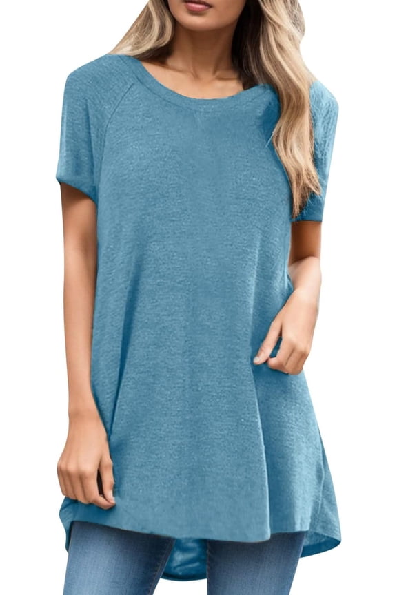 Womens Tunic Tops to Wear with Leggings, Ladies Retro O Neck Short Sleeve T Shirt Blouse Breathable Lightweight Tunics
