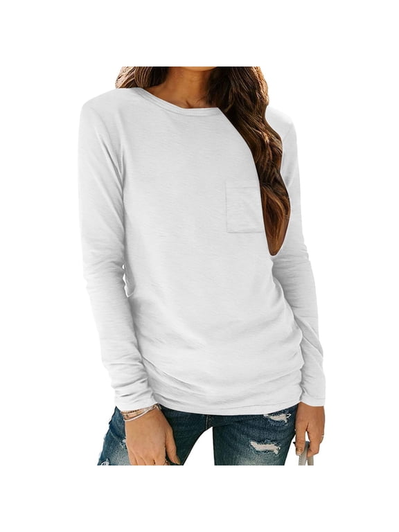 Womens Tunic Tops with Chest Pocket Long Sleeve Round Neck Cotton Tee Shirts Fall Casual Plain T-shirt Tshirts (M, White)
