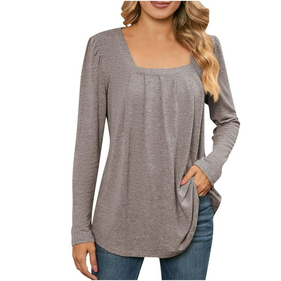 Womens Tunic Tops with Legging, Long Sleeve Shirts for Women Fall Casual Solid Color Pleated Square Neck Dressy Blouses